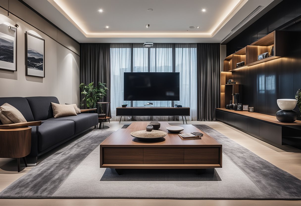 A modern living room with black and walnut furniture in Singapore