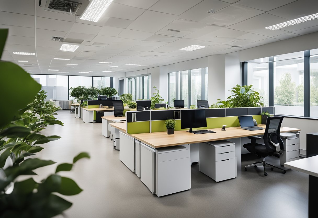 A spacious, open office layout with movable furniture and modular workstations, filled with natural light and greenery