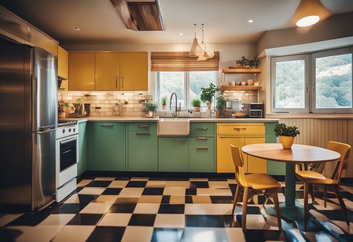 A retro kitchen with vintage appliances, checkered flooring, colorful cabinets, and a cozy dining area with a retro table and chairs
