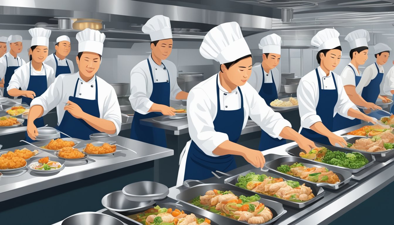 A bustling restaurant kitchen with chefs preparing steaming plates of fragrant chicken rice and bustling waitstaff serving eager diners