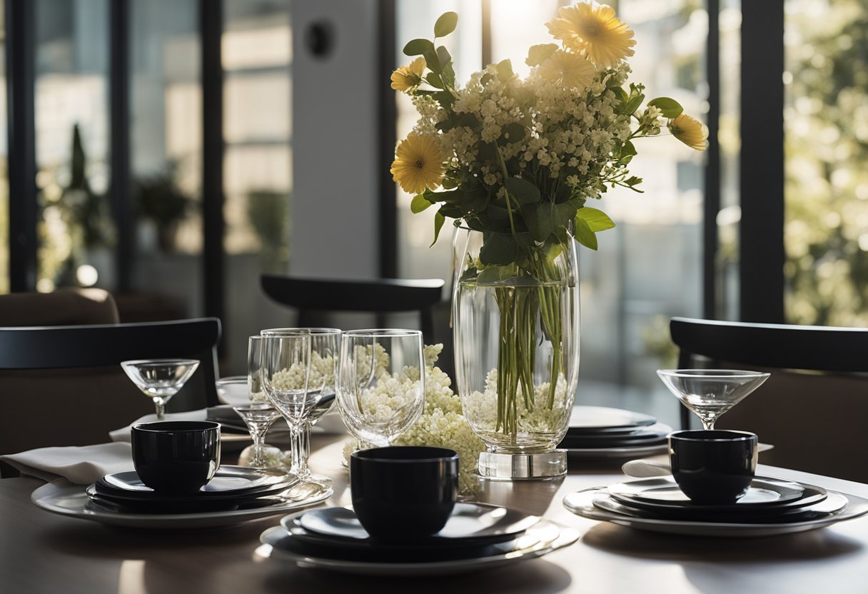 A sleek black and walnut dining set sits in a sunlit room, casting elegant shadows. Glassware and a vase of fresh flowers adorn the table, adding a touch of sophistication
