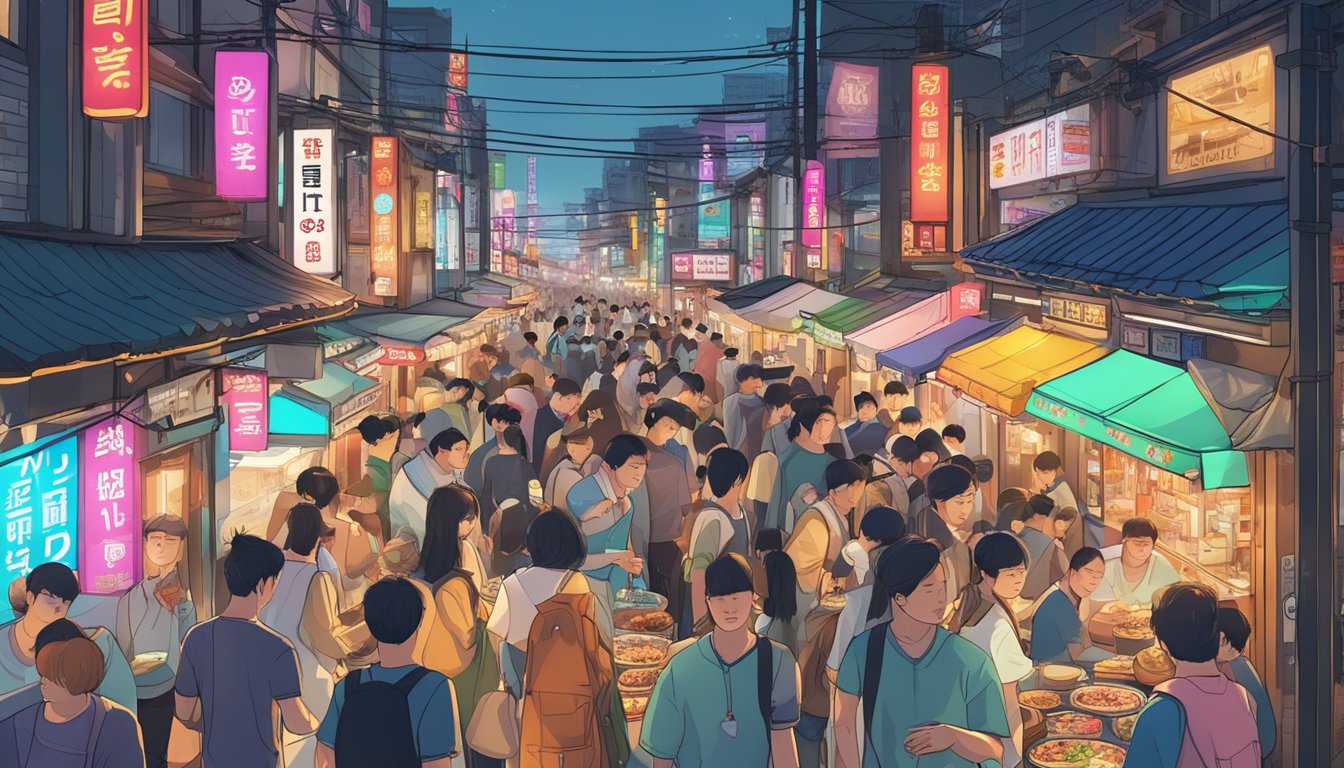 Crowded street with neon signs, bustling Korean restaurants, and food vendors in Hongdae's vibrant food scene