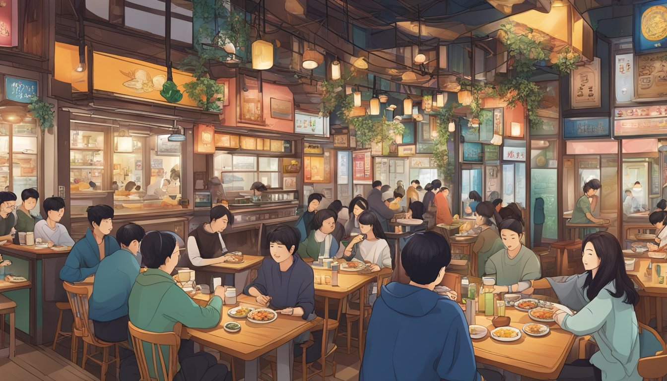 A bustling Korean restaurant in Hongdae, with colorful decor and a lively atmosphere. Customers enjoy traditional dishes while staff tend to tables