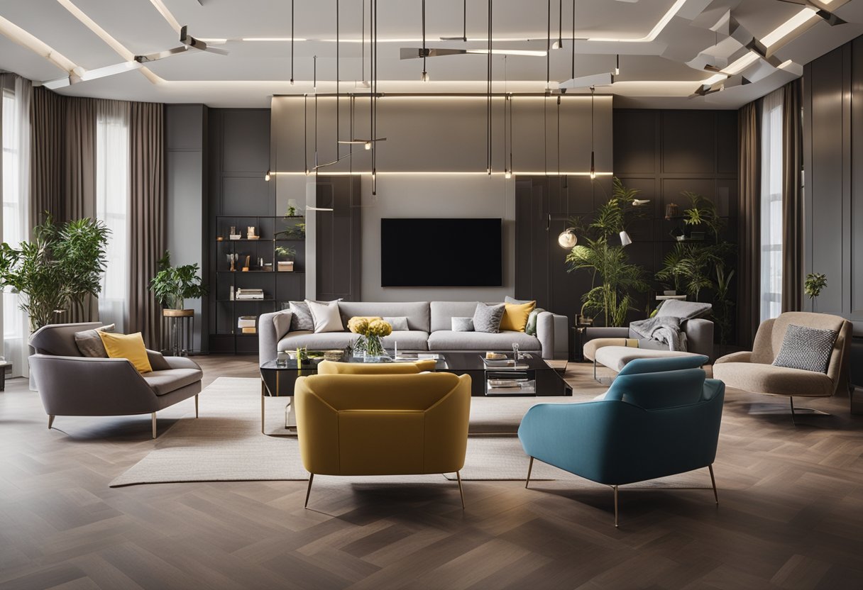 A room filled with modern furniture in various styles and colors, arranged in an inviting and spacious showroom setting