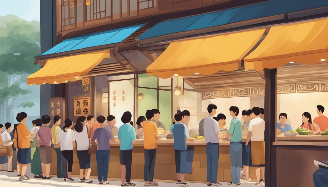 Customers eagerly line up outside Nam Kee Chicken Rice restaurant, drawn in by the tantalizing aroma of savory chicken and fragrant rice. The vibrant sign and bustling atmosphere create a welcoming and lively scene