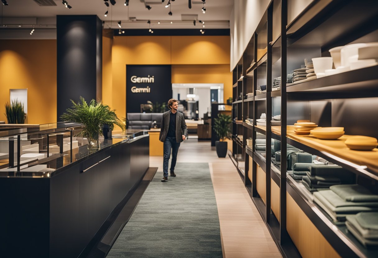 A customer enters Gemini Furniture store, admiring sleek designs and vibrant colors. Staff offer friendly assistance, creating a warm and inviting atmosphere