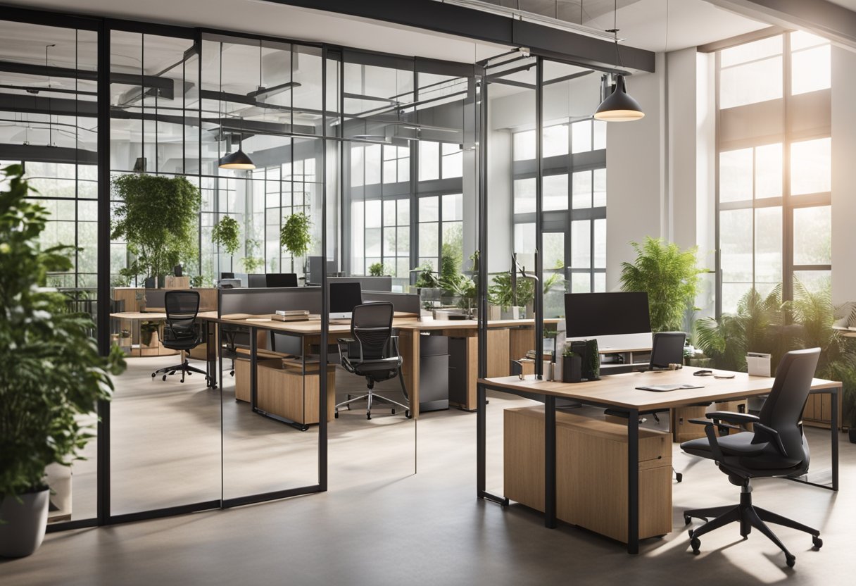 An open floor plan with modular furniture, glass partitions, and collaborative work areas. Natural light and greenery create a welcoming atmosphere