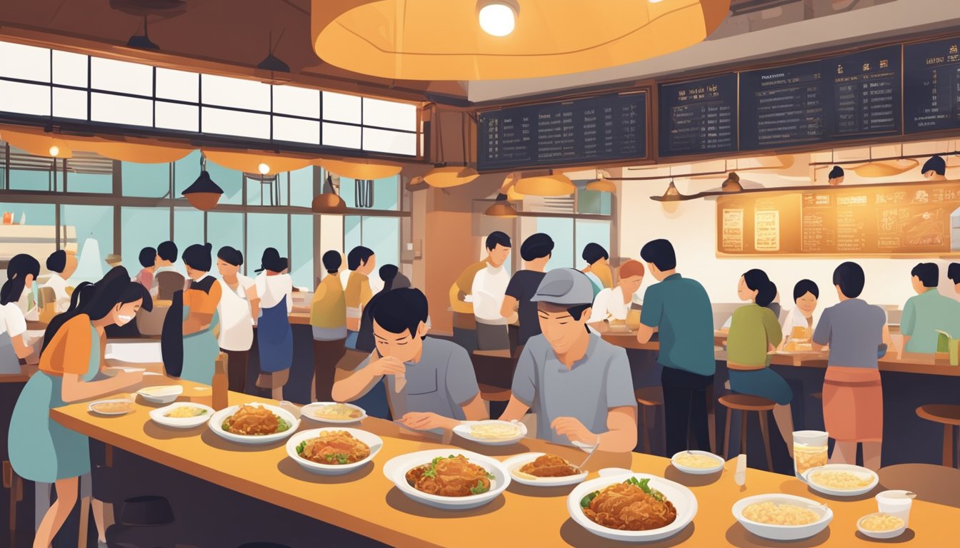 A bustling restaurant with a long queue, customers enjoying chicken rice, and staff busy serving. Bright signage and a warm, inviting atmosphere