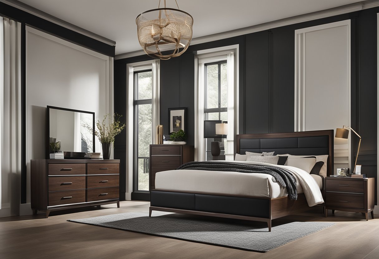 A sleek black and walnut bedroom set exudes sophistication and class. Clean lines and modern design create a curated and elegant space