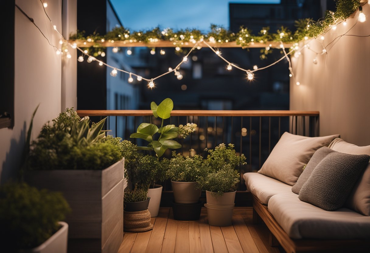 A small balcony with a wooden floor, potted plants, and comfortable seating, adorned with soft cushions and warm blankets. A string of fairy lights adds a cozy ambiance to the space