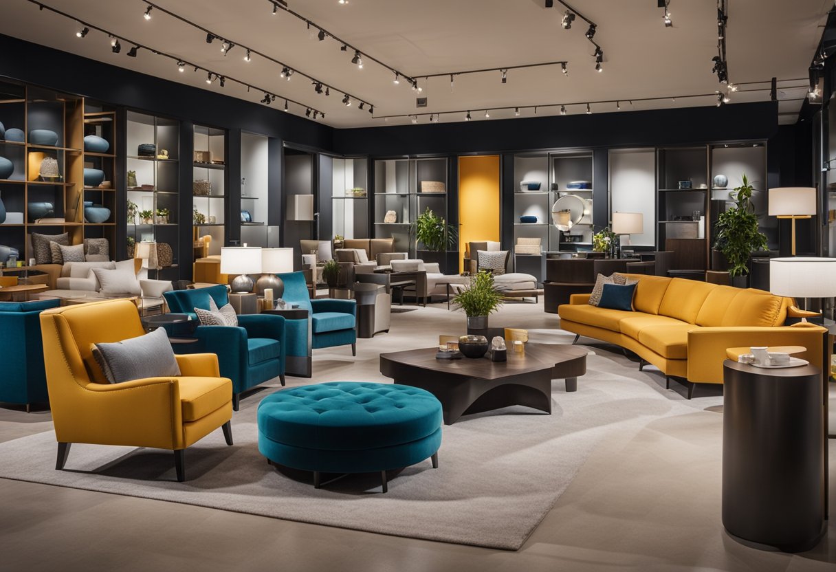 A modern furniture showroom with sleek designs and vibrant colors. Customers browsing through displays while staff assist with inquiries
