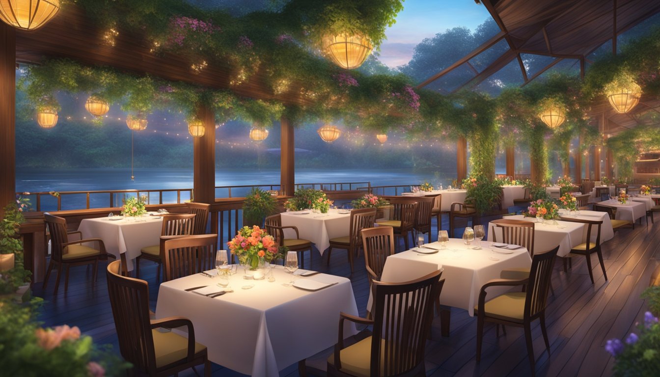 A serene river flows beneath Penda's floating restaurant, surrounded by lush greenery and colorful flowers. The elegant dining area is adorned with soft lighting and comfortable seating, creating a tranquil and inviting atmosphere