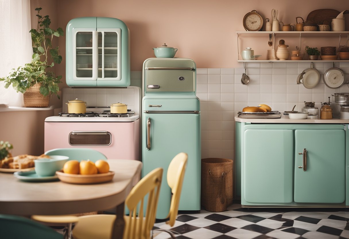 A cozy retro kitchen with pastel-colored appliances, checkered flooring, and vintage decor. A retro fridge, a classic stove, and a cozy dining nook complete the scene