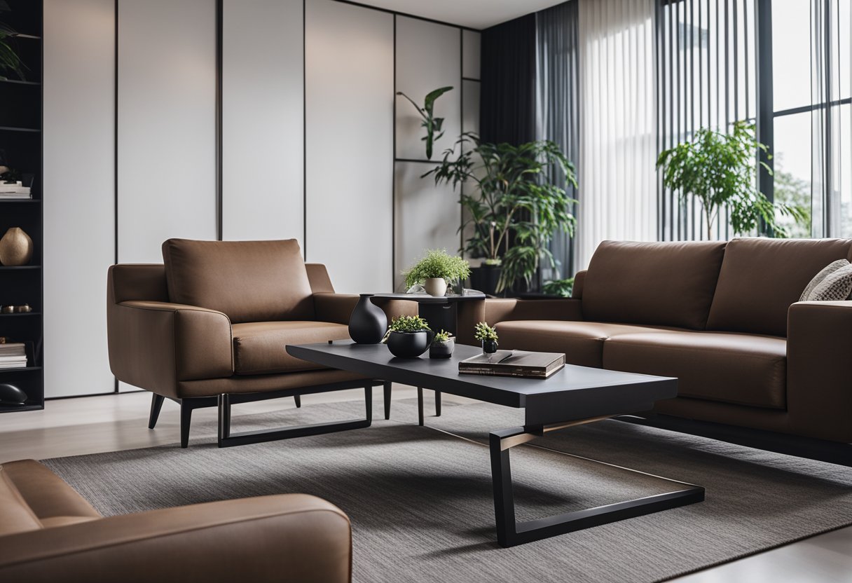 A sleek black and walnut furniture set, arranged in a modern Singaporean living room with clean lines and minimalistic decor