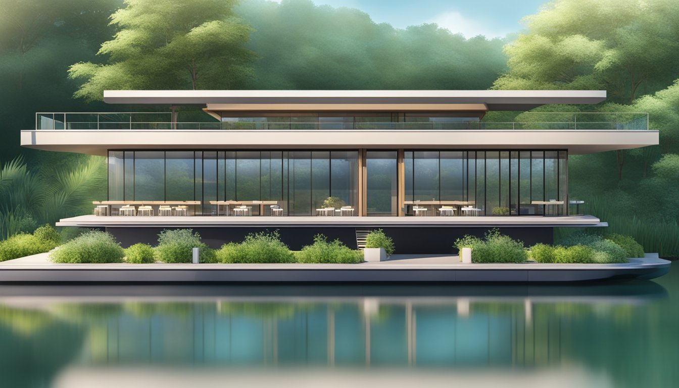 A modern floating restaurant with sleek lines and large windows, surrounded by calm waters and greenery