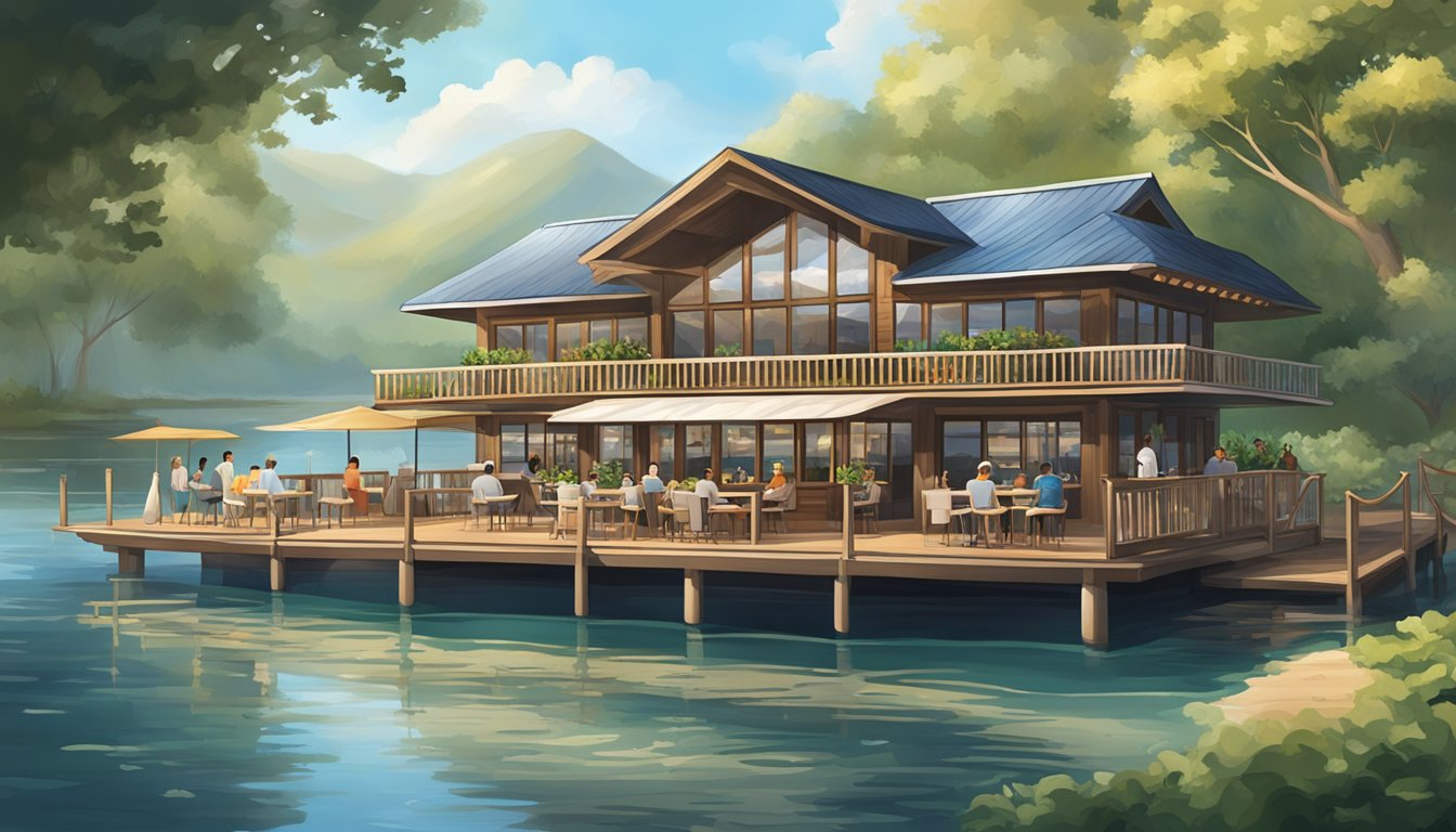 The floating restaurant, Frequently Asked Questions, sits peacefully on the water, surrounded by serene nature and gentle waves