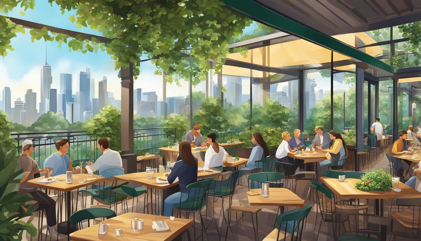 A bustling restaurant with outdoor seating, surrounded by lush greenery and a view of the city skyline