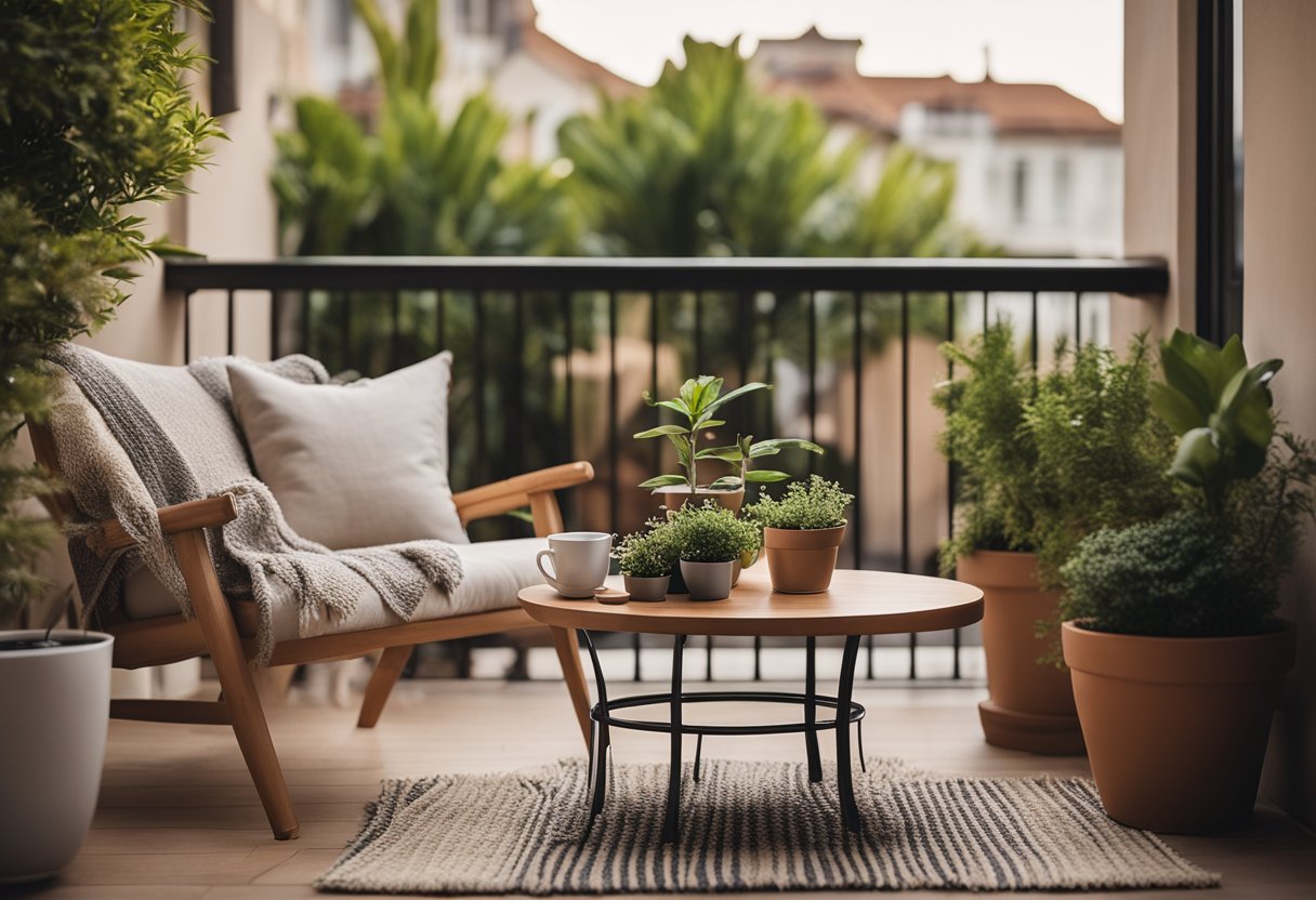A small balcony with potted plants, comfortable seating, and soft lighting. A cozy rug and throw pillows add warmth, while a small table holds a cup of tea