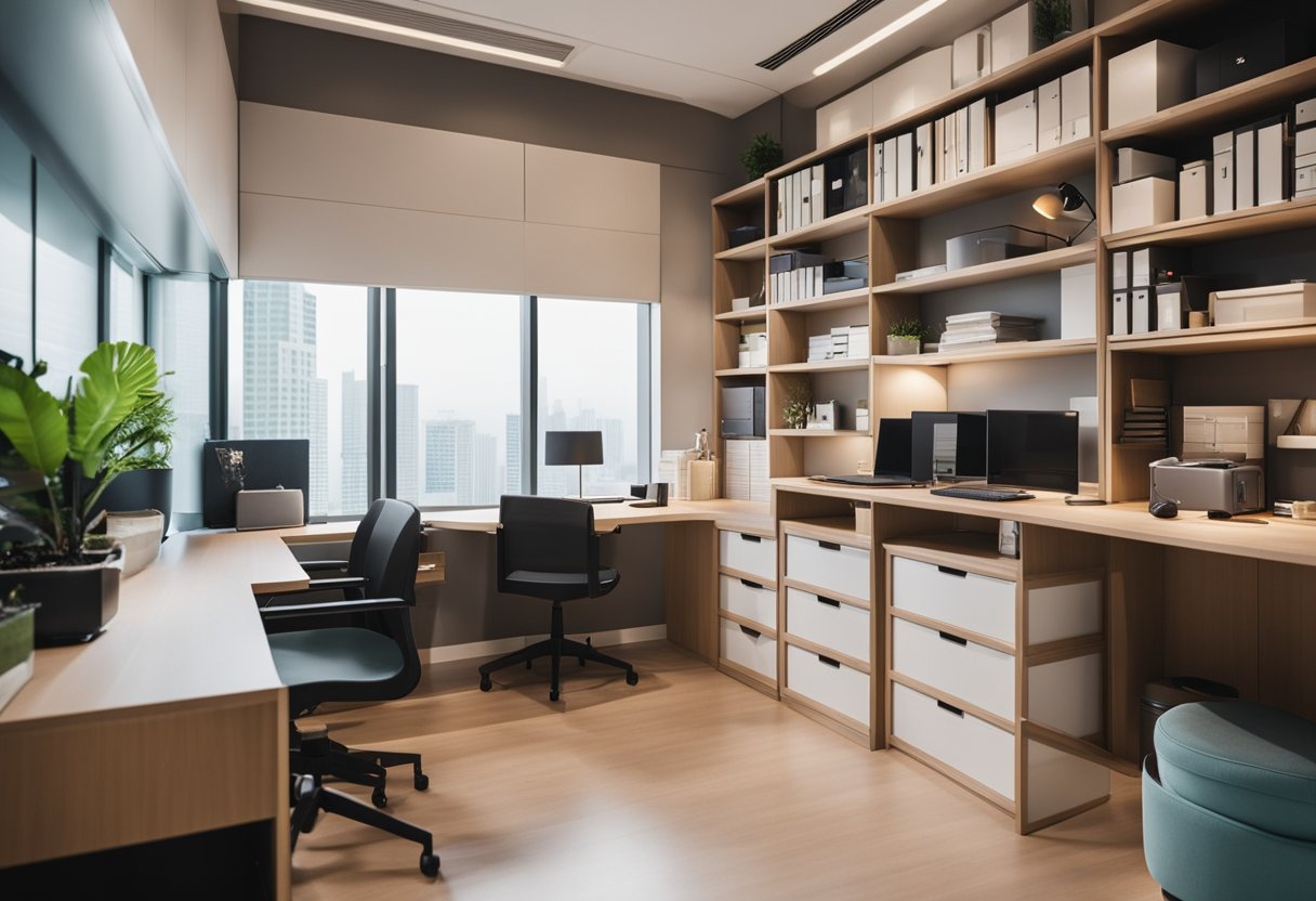 A cozy helper room in Singapore with a desk, chair, shelves, and storage cabinets. Bright lighting and a clean, organized space