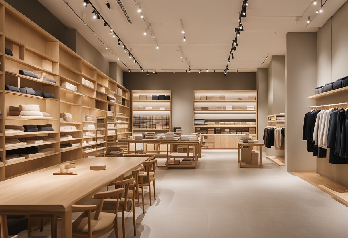 A minimalist Muji furniture store in Singapore, with clean lines and neutral colors, showcasing a variety of practical and simple home furnishings