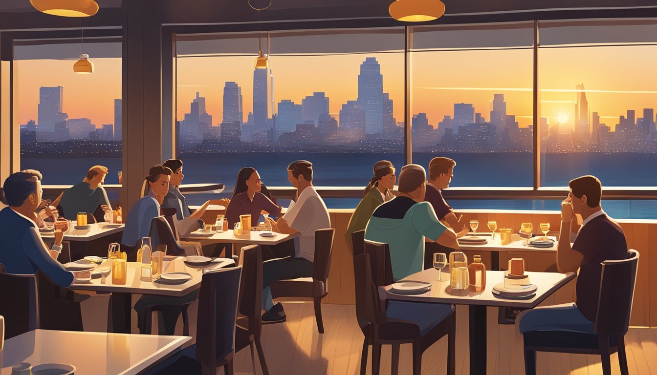 A bustling restaurant with outdoor seating and a view of the city skyline. The sun is setting, casting a warm glow over the diners enjoying their meals