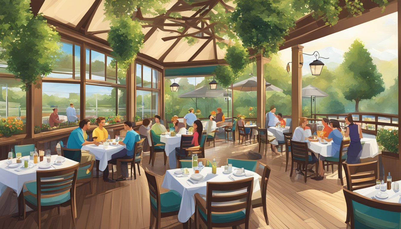 The bustling restaurant & grill features a scenic view with outdoor seating, vibrant greenery, and a lively atmosphere