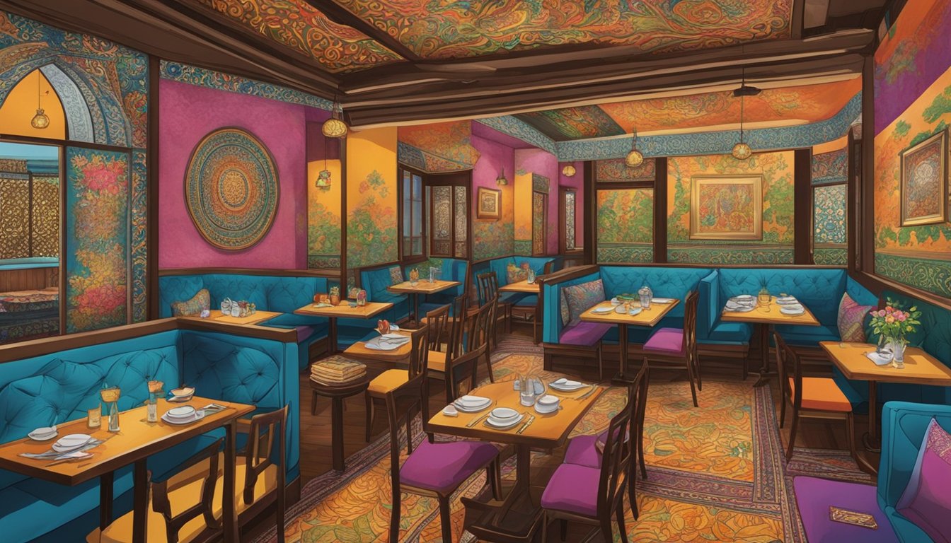 A bustling Malaysian restaurant in London, filled with vibrant colors and the aroma of delicious spices. Tables are adorned with intricate batik tablecloths, and the walls are decorated with traditional Malaysian artwork