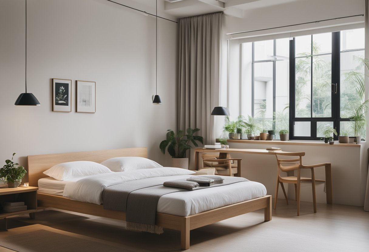 A room with minimalist Muji furniture arranged neatly, with natural lighting and clean lines