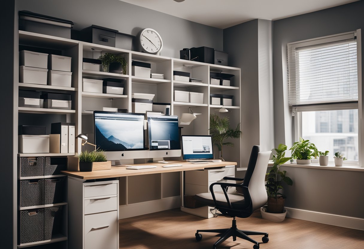 A cozy, modern office space with a desk, computer, chair, and shelves of organized files and folders. Bright lighting and a welcoming atmosphere