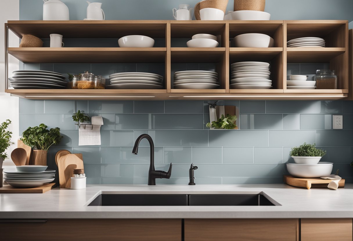 A modern, organized kitchen with shelves of neatly stacked dishes, a clean countertop, and a wall-mounted bulletin board with various FAQ sheets