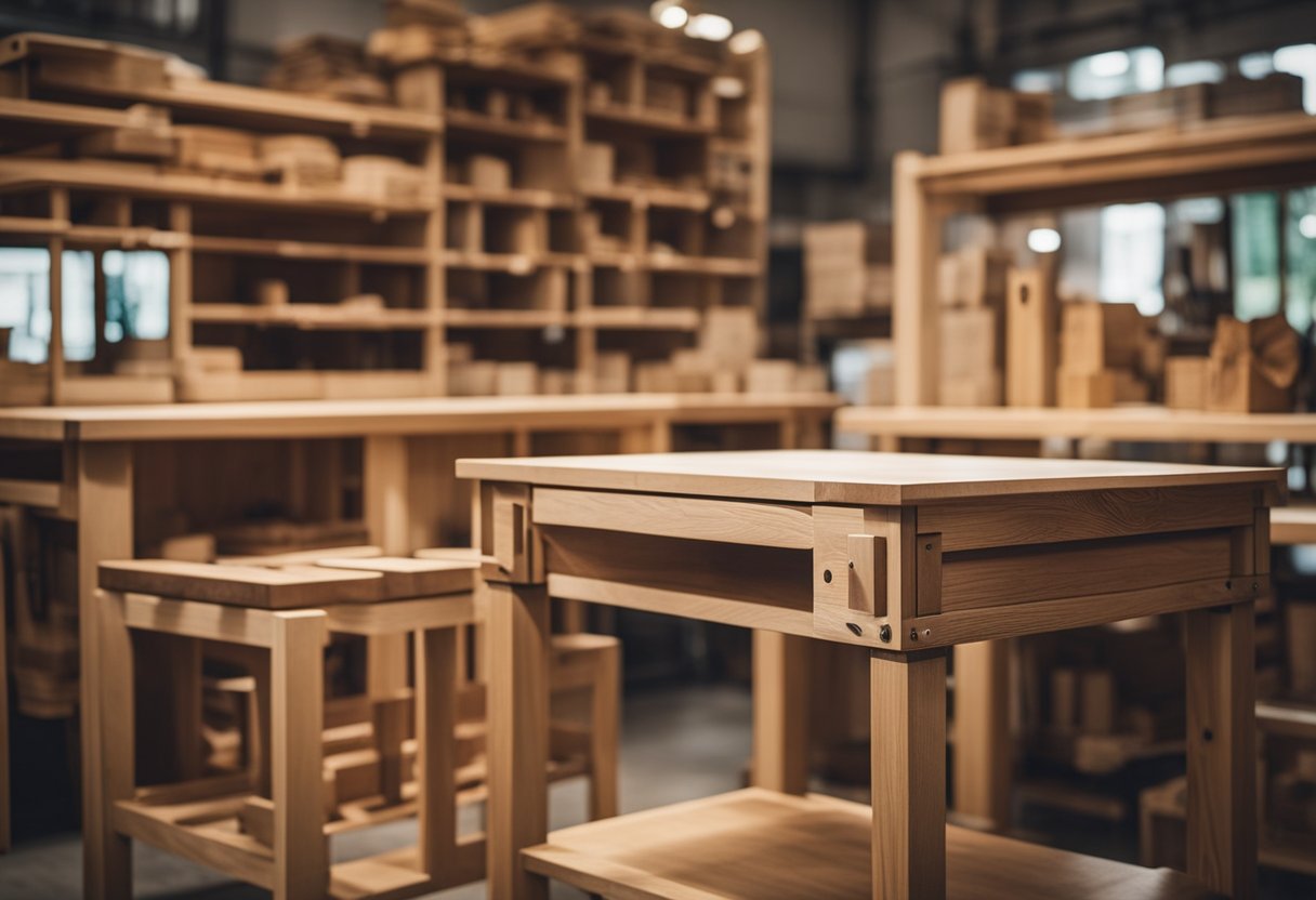 A well-crafted wooden furniture piece in a brightly lit workshop in Singapore. Tools and materials neatly organized