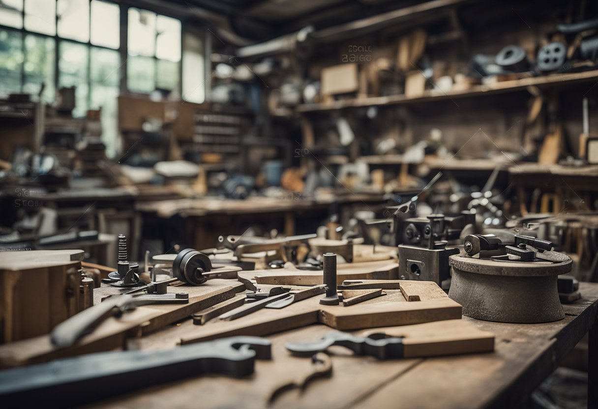 A cluttered workshop with tools strewn about, a worn-out workbench, and a sign advertising "cheap carpenter services in Singapore."