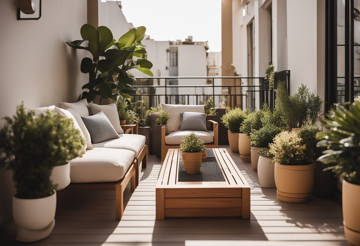 A cozy balcony with potted plants, comfortable seating, soft lighting, and decorative pillows, creating a warm and inviting atmosphere