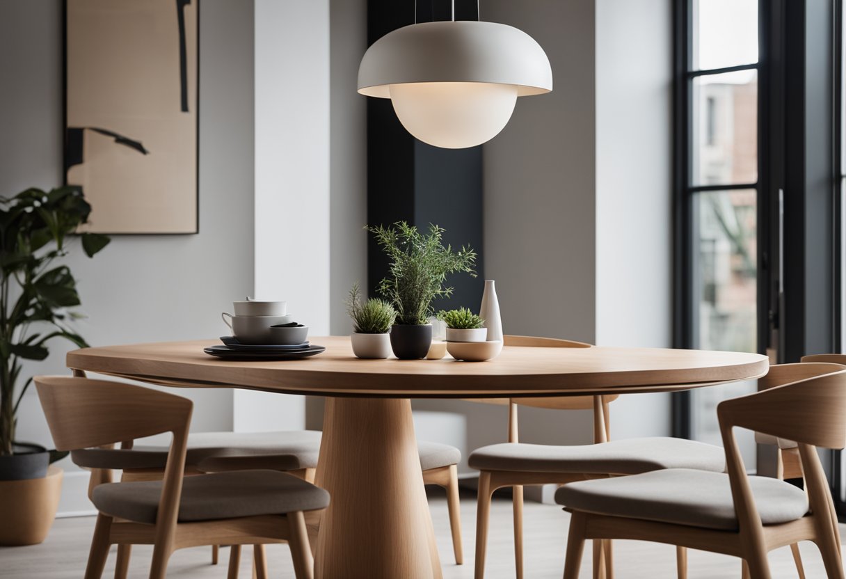 A minimalist wooden dining table with sleek lines and a matching set of chairs, all made from sustainable materials, displayed in a modern living room setting