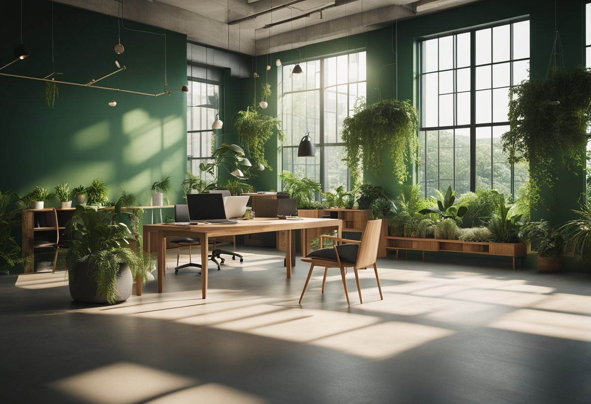 The green office features leafy plants, emerald walls, and natural wood furniture. Sunlight streams through large windows, creating a serene and eco-friendly workspace