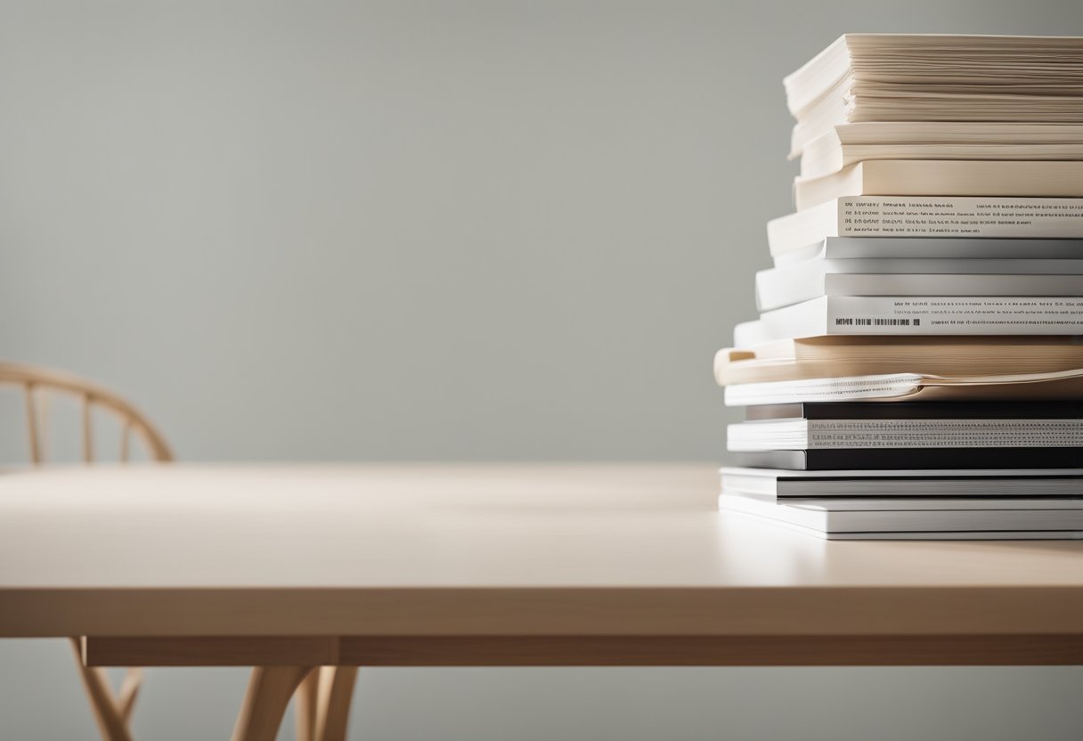 A stack of Muji furniture catalogs on a clean, minimalist table with a sleek chair beside it. The room is well-lit and spacious, with a modern and serene atmosphere