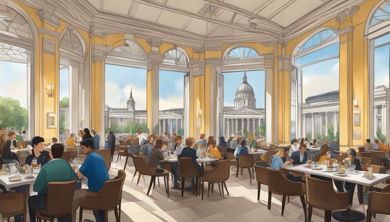 A bustling restaurant with a view of the National Gallery