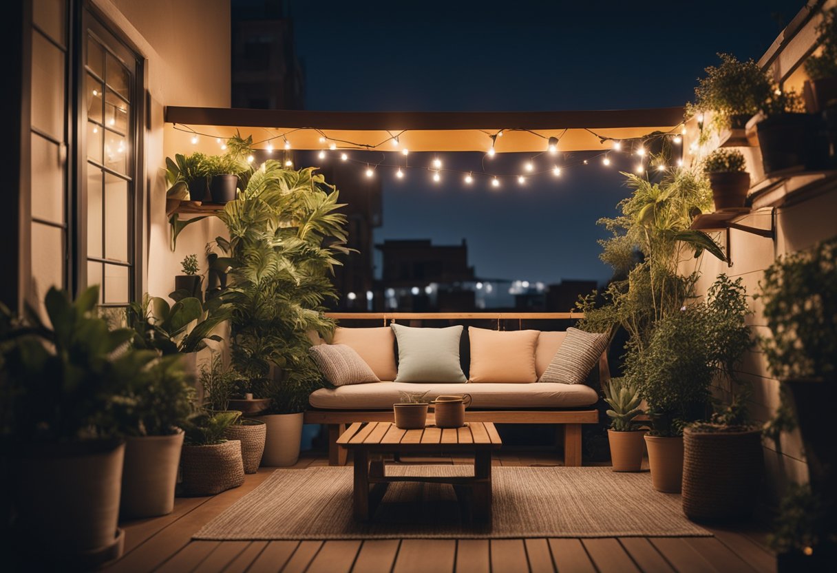 A small balcony with potted plants, comfortable seating, and string lights creating a cozy and inviting atmosphere