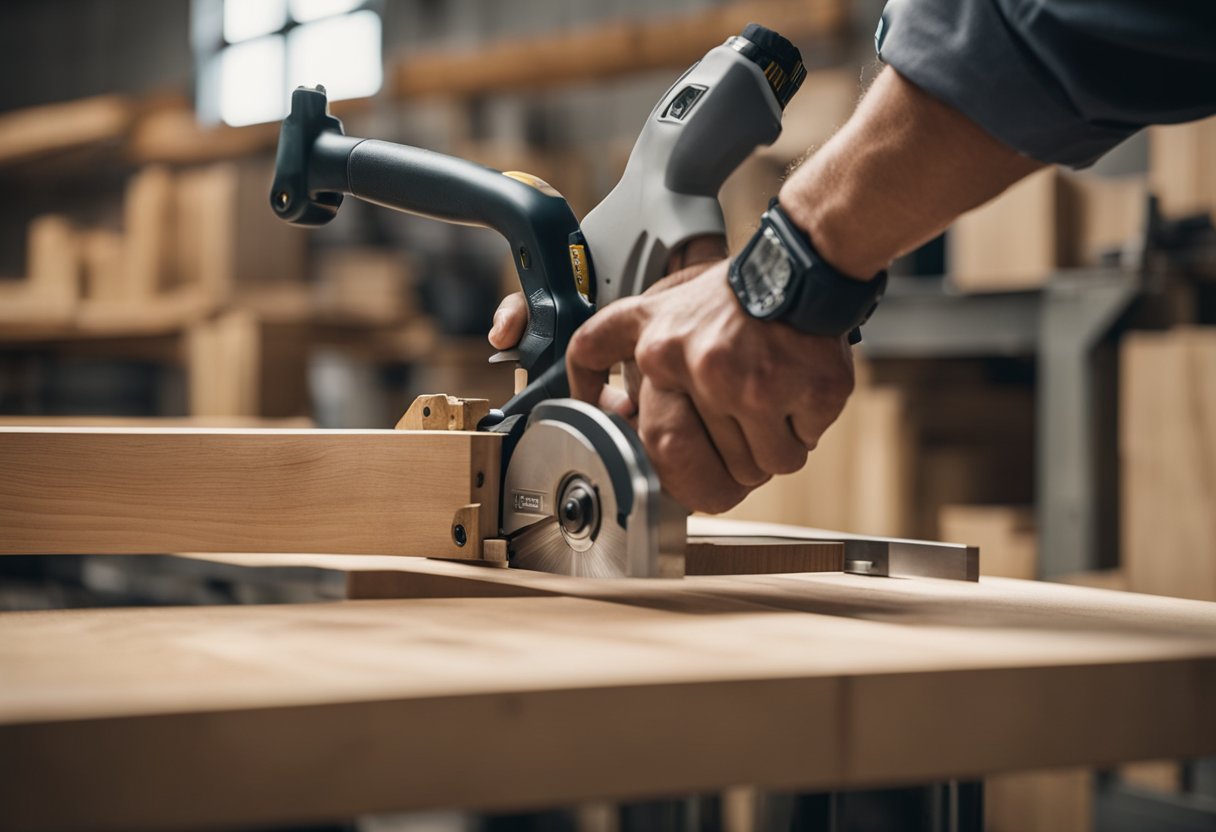 A carpenter carefully measures and cuts wood, creating precise joints for a sleek and sturdy piece of furniture. Quality tools and attention to detail are evident in the finished product