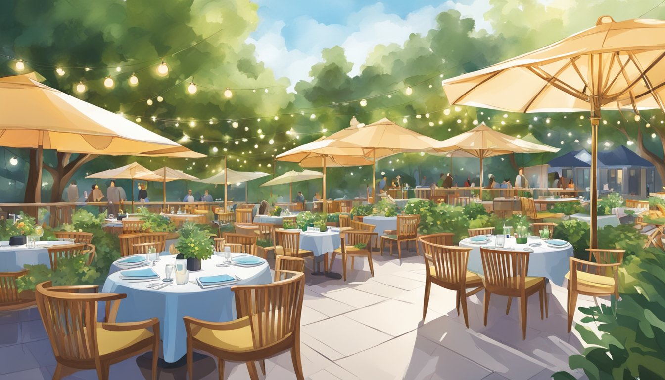 Colorful tables and chairs fill the outdoor dining area of Robertson Walk restaurants, surrounded by lush greenery and twinkling lights