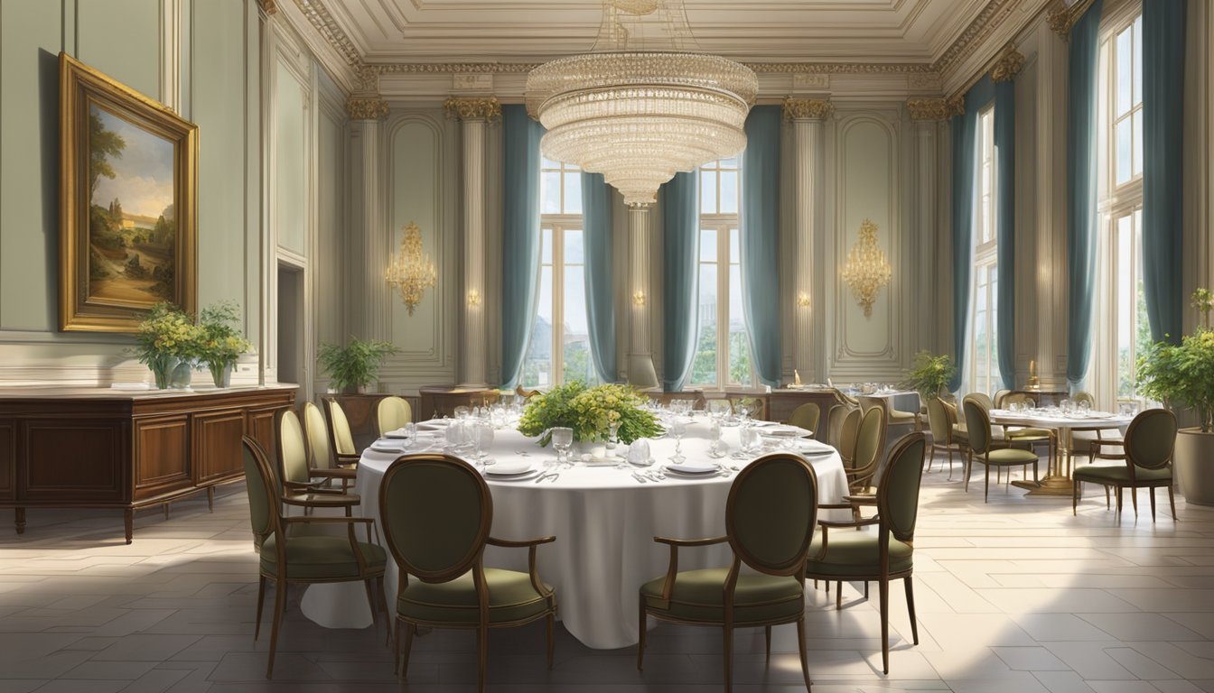 A lavish dining room with elegant decor and a view of the national gallery