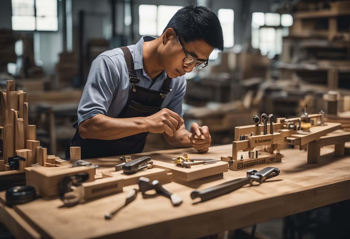 A carpenter in Singapore works on a wooden table, surrounded by various tools and materials. The workshop is well-lit and organized, with a sign advertising affordable carpentry services