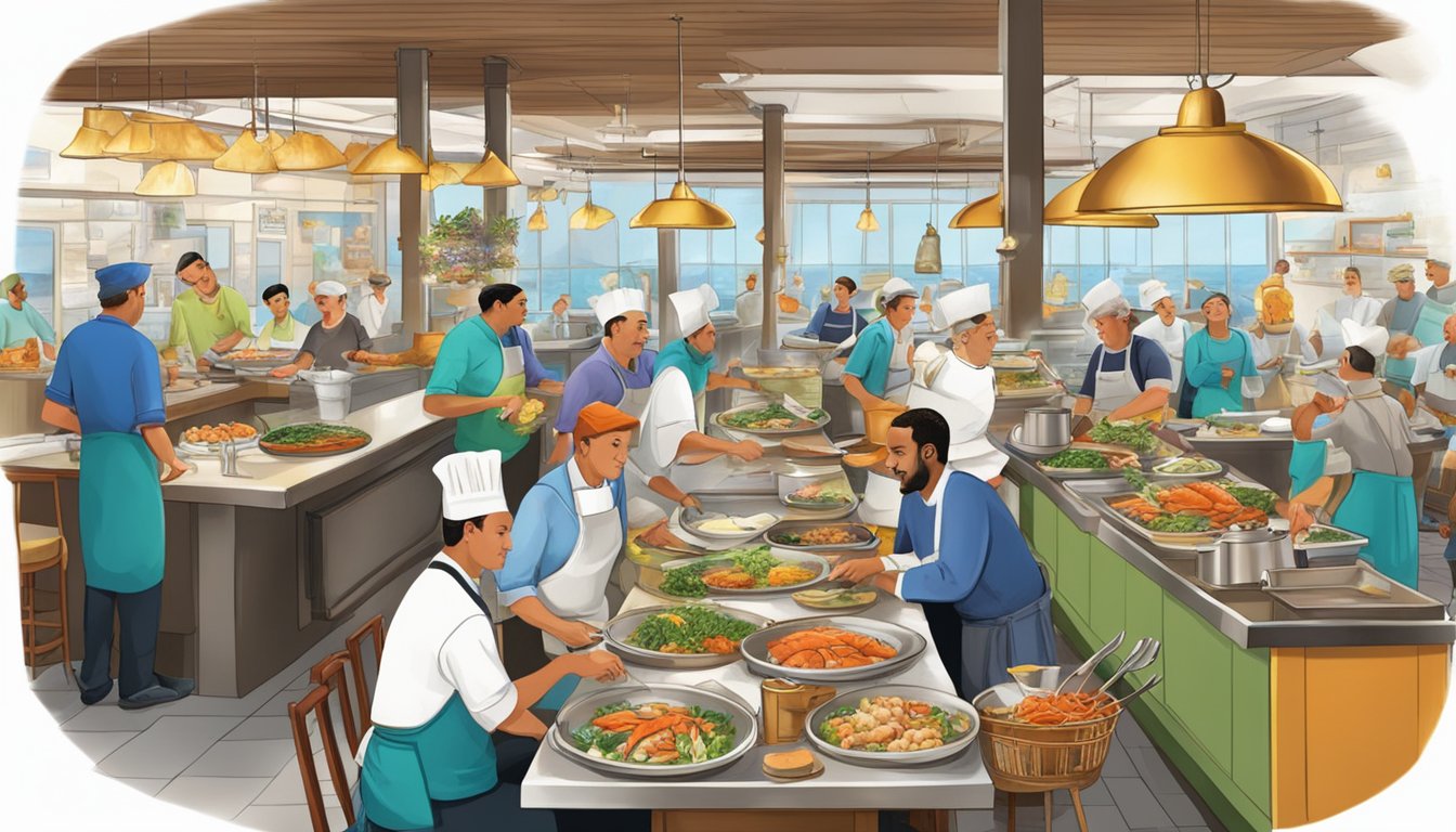 A bustling seafood restaurant with diners enjoying fresh catches, a display of colorful fish, and a chef expertly preparing a feast