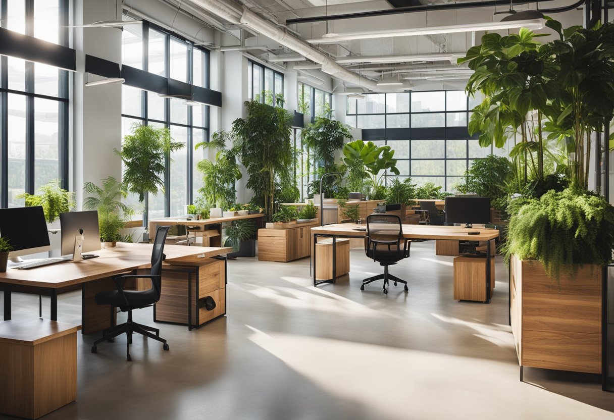 A bright, open office space with large windows, lush green plants, and natural wood furniture. Sustainable materials and energy-efficient lighting create a modern, eco-friendly atmosphere