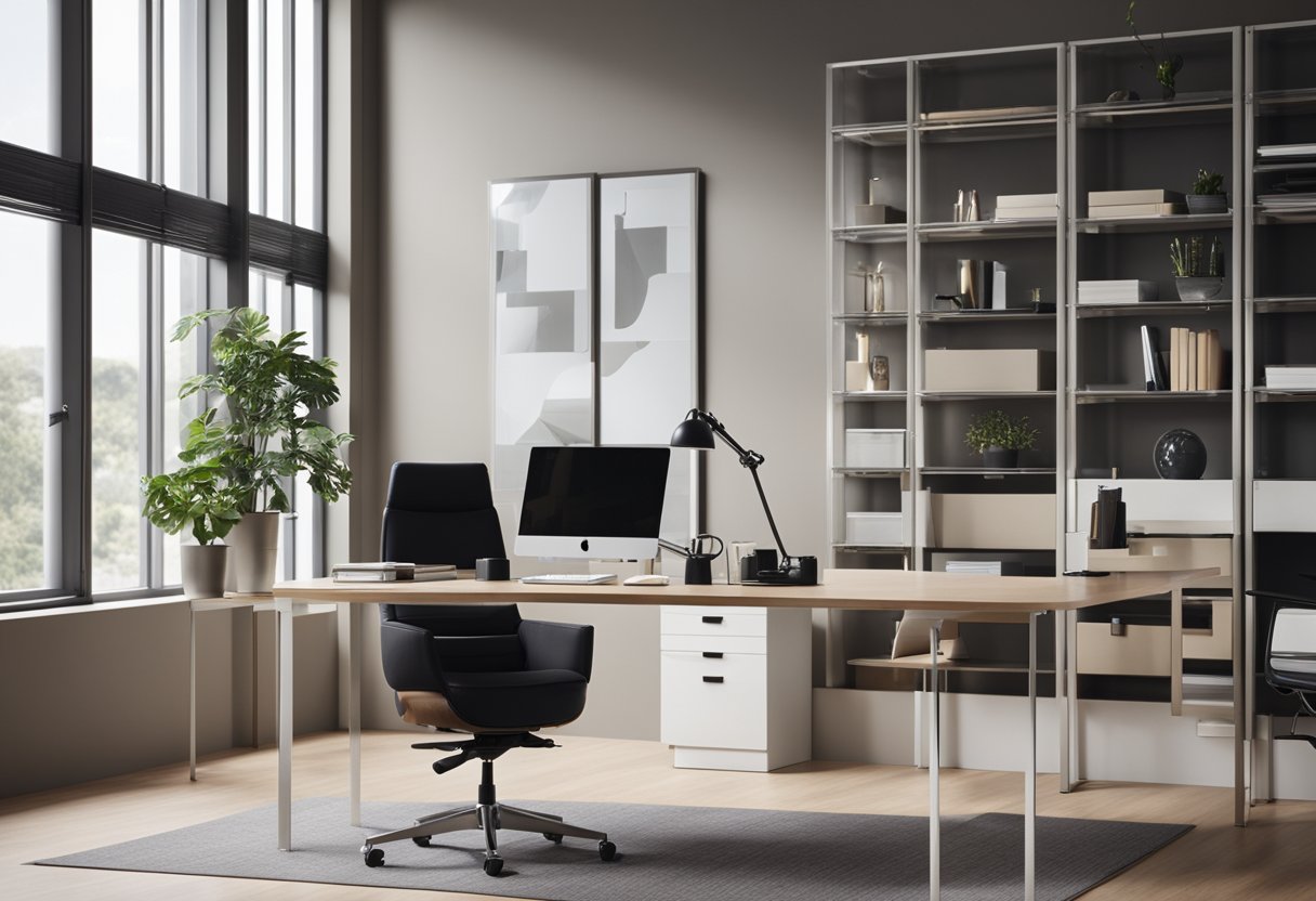 A sleek, modern desk sits in front of a large window, with a comfortable ergonomic chair. Shelves line the walls, displaying stylish decor and organizing supplies. A high-quality, minimalist design fills the room