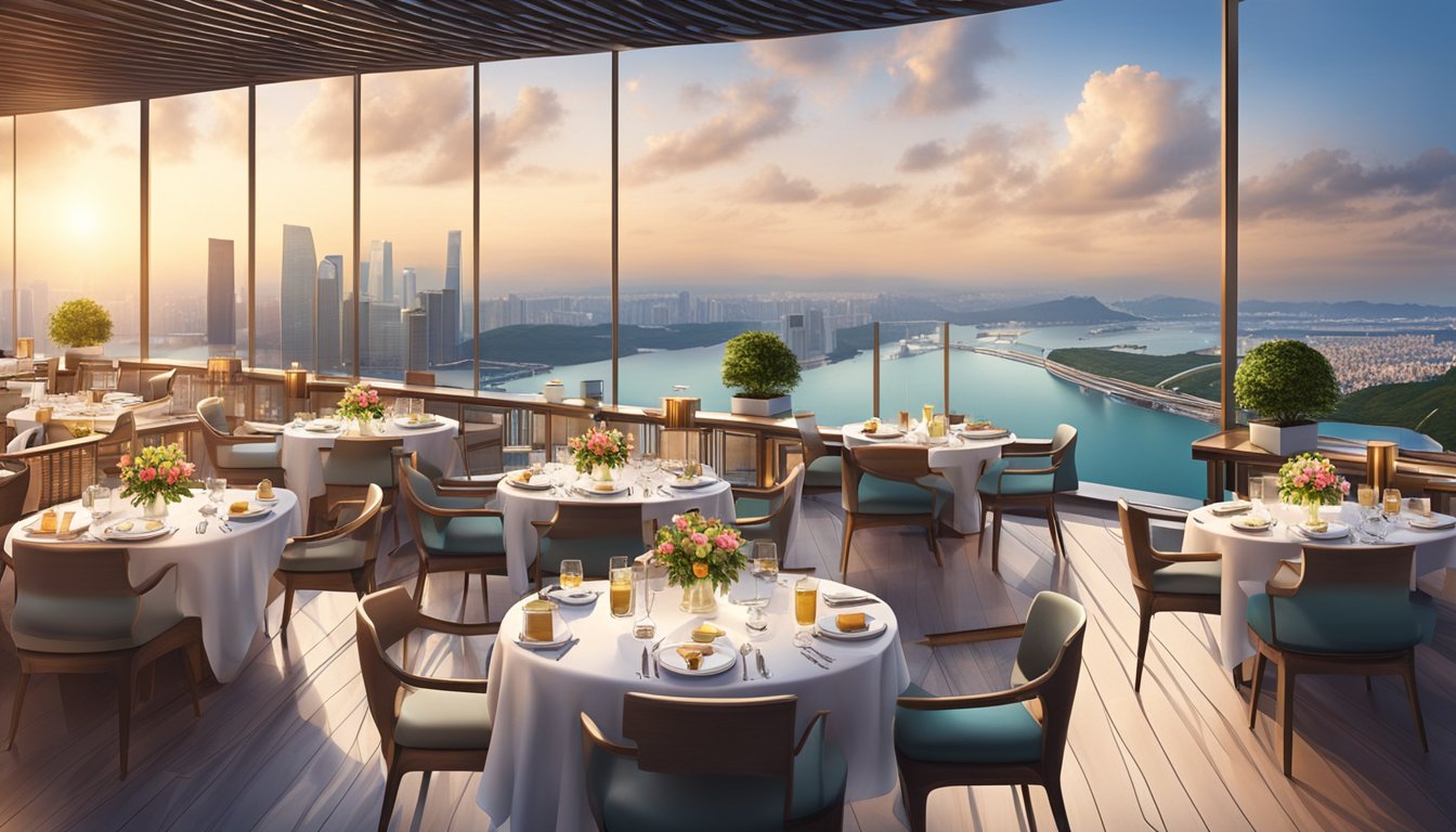 The rooftop restaurant at Marina Bay Sands overlooks the city skyline, with elegant dining tables and a stunning infinity pool