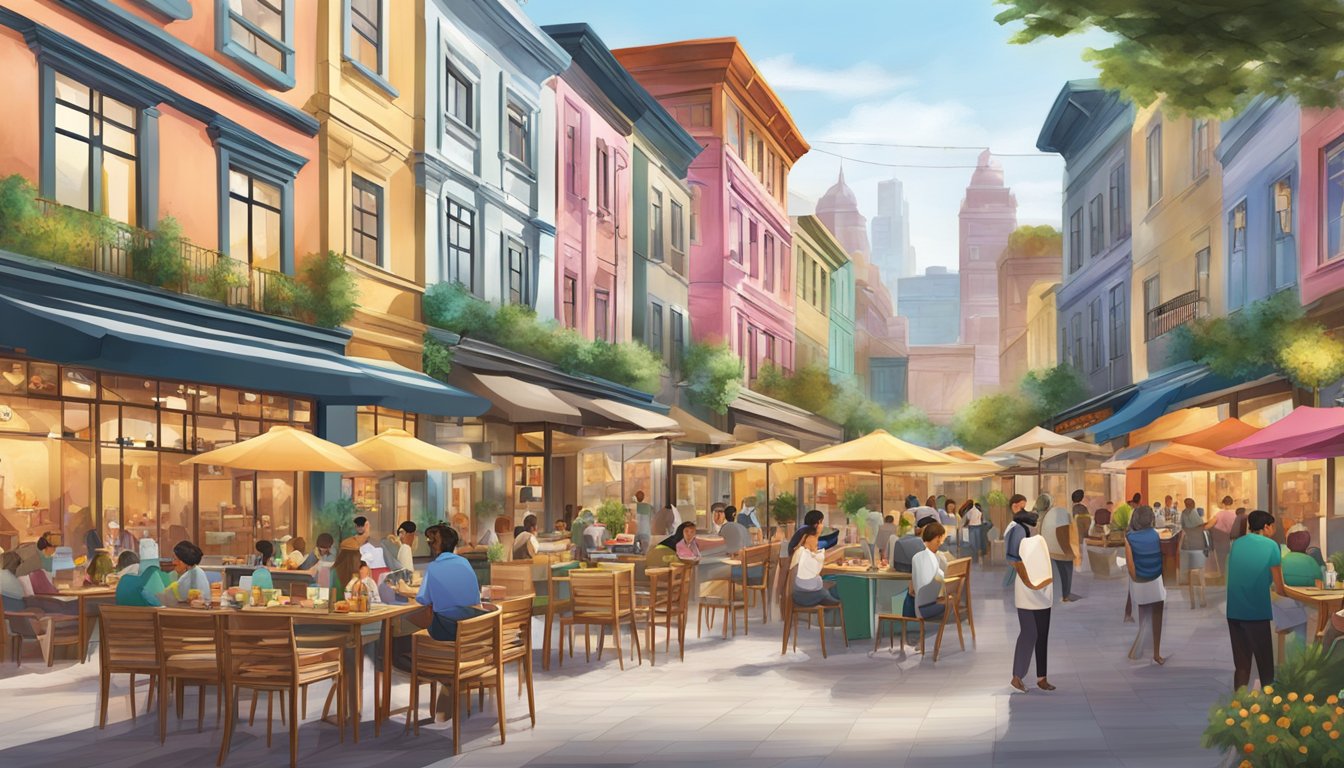 A bustling street lined with colorful restaurants and outdoor seating, showcasing a variety of international cuisines and culinary delights at Robertson Walk