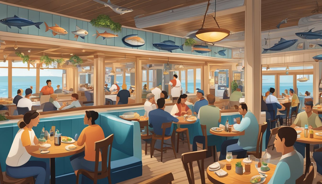 A bustling seafood restaurant with diners enjoying fresh catches, a nautical-themed decor, and a lively atmosphere