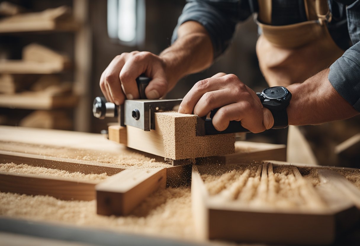 A carpenter carefully measures and cuts wood, creating precise angles and joints for a custom-built piece of furniture. Sawdust fills the air as the carpenter hones their craft