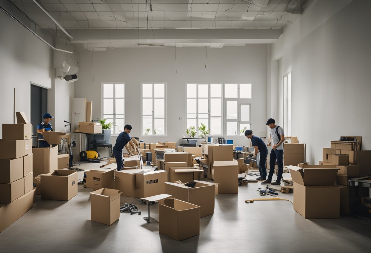 Empty room with IKEA furniture being dismantled and removed by workers in Singapore. Cartons and tools scattered around